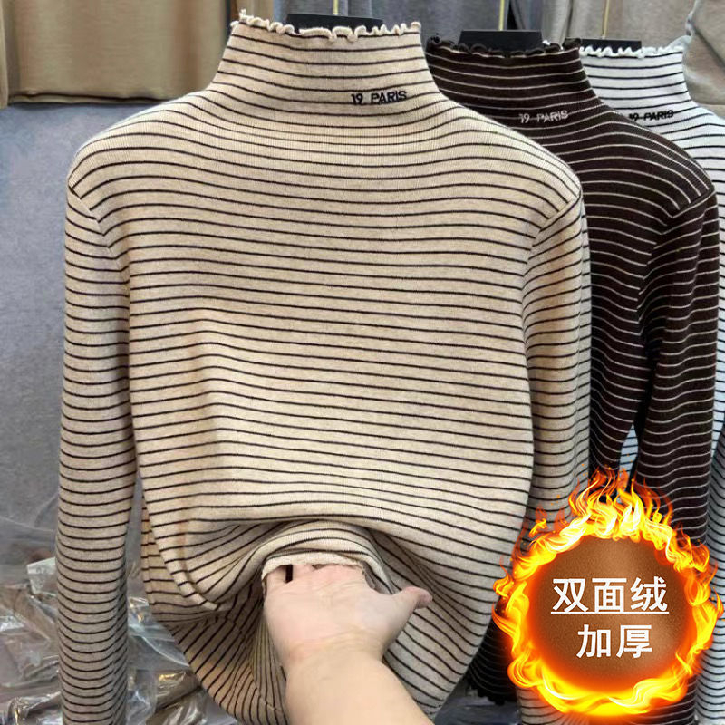 Thickened German velvet half-high collar striped long-sleeved inner T-shirt bottoming shirt for women 2023 autumn and winter new style plus velvet fungus