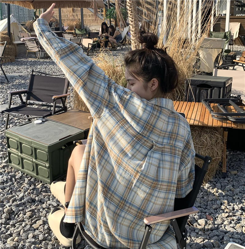 長袖格子襯衫美式復古寬鬆外套早秋洋氣小個子上衣