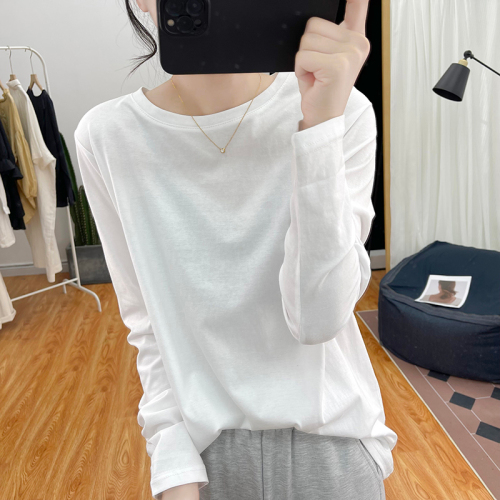 High-quality pure cotton long-sleeved white T-shirt women's Korean retro spring and autumn loose round neck top bottoming shirt T-shirt