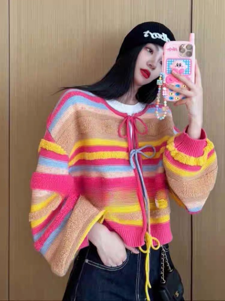 大碼女裝溫柔chic氛圍感彩色條紋針織開衫外套秋季款時尚短款上衣