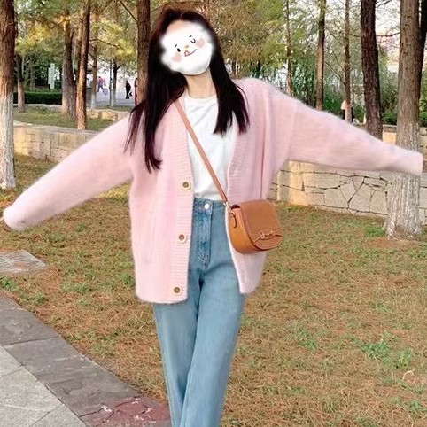 小香風粉色v領開衫女毛衣寬鬆2023春秋新款慵懶風外套復古針織衫