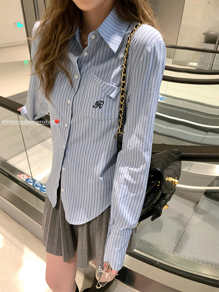 野哥不野 韓系刺繡學院風襯衫女2023早秋設計感內搭收腰長袖襯衣