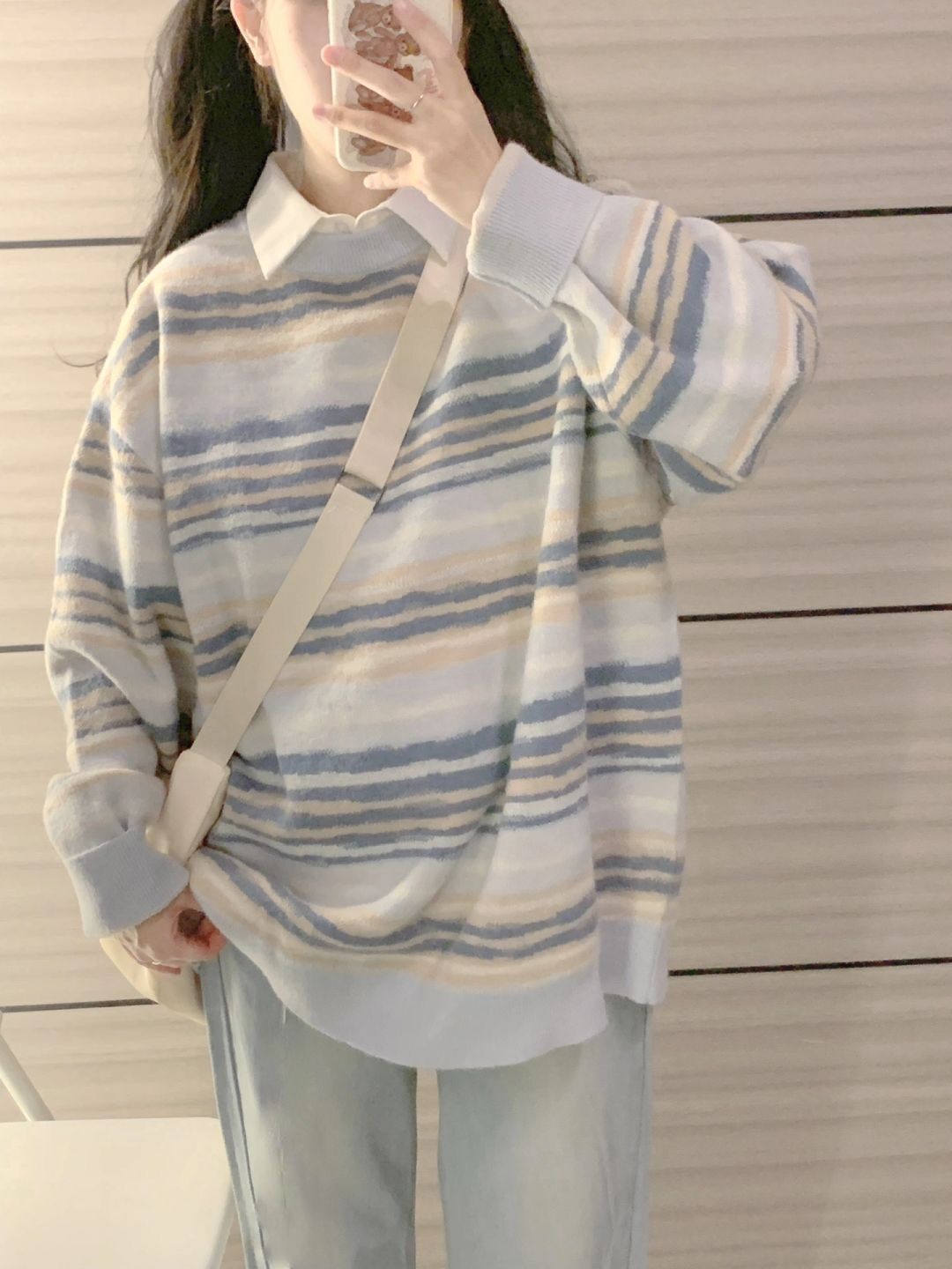 慵懶風條紋毛衣女秋冬2023新款寬鬆小個子溫柔軟糯套頭針織衫上衣