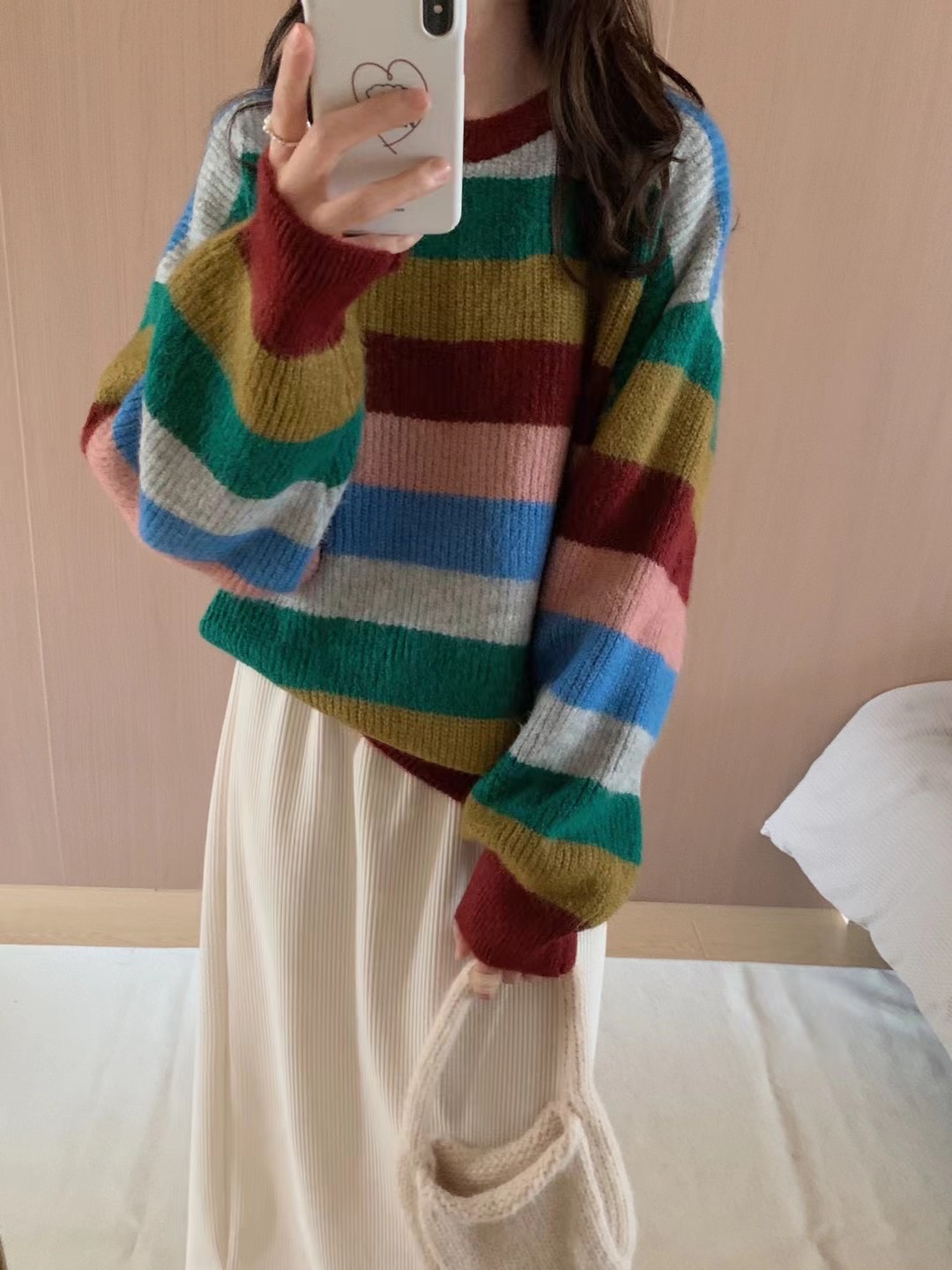 撞色彩色條紋套頭毛衣女秋冬新款韓版寬鬆慵懶拼色針織衫圓領上衣