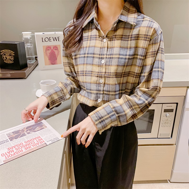 實拍格子襯衫女秋冬2023新款復古港味中長款上衣寬鬆長袖襯衣外套