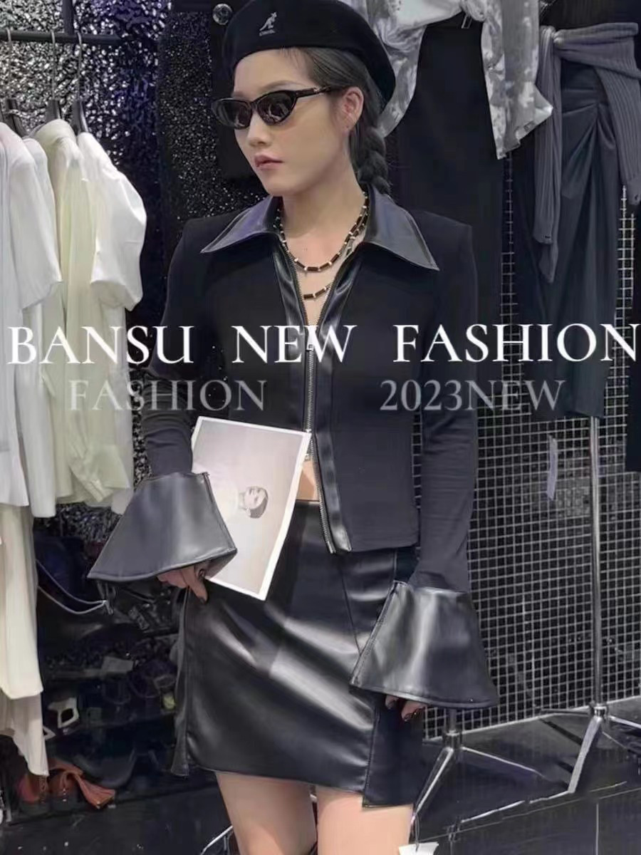 質檢官圖辣妹皮拼接短款小外套女春秋季2023新款修身顯瘦長袖上衣