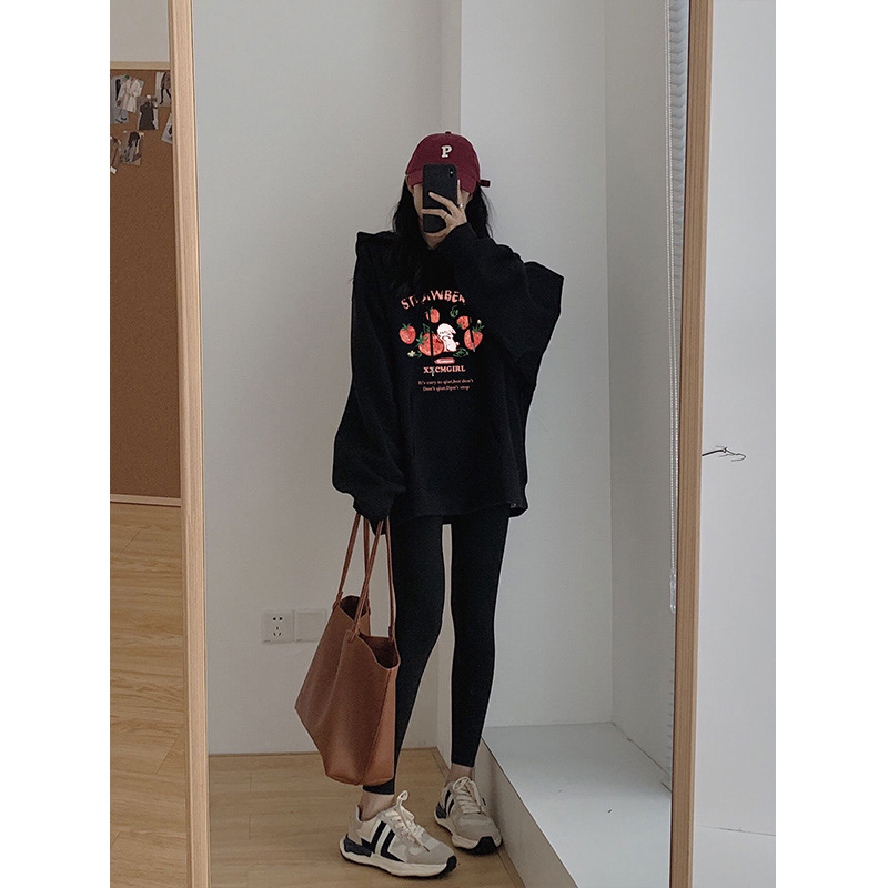 加絨連帽衛衣女裝2023秋冬季新款黑色hiphop寬鬆慵懶風上衣