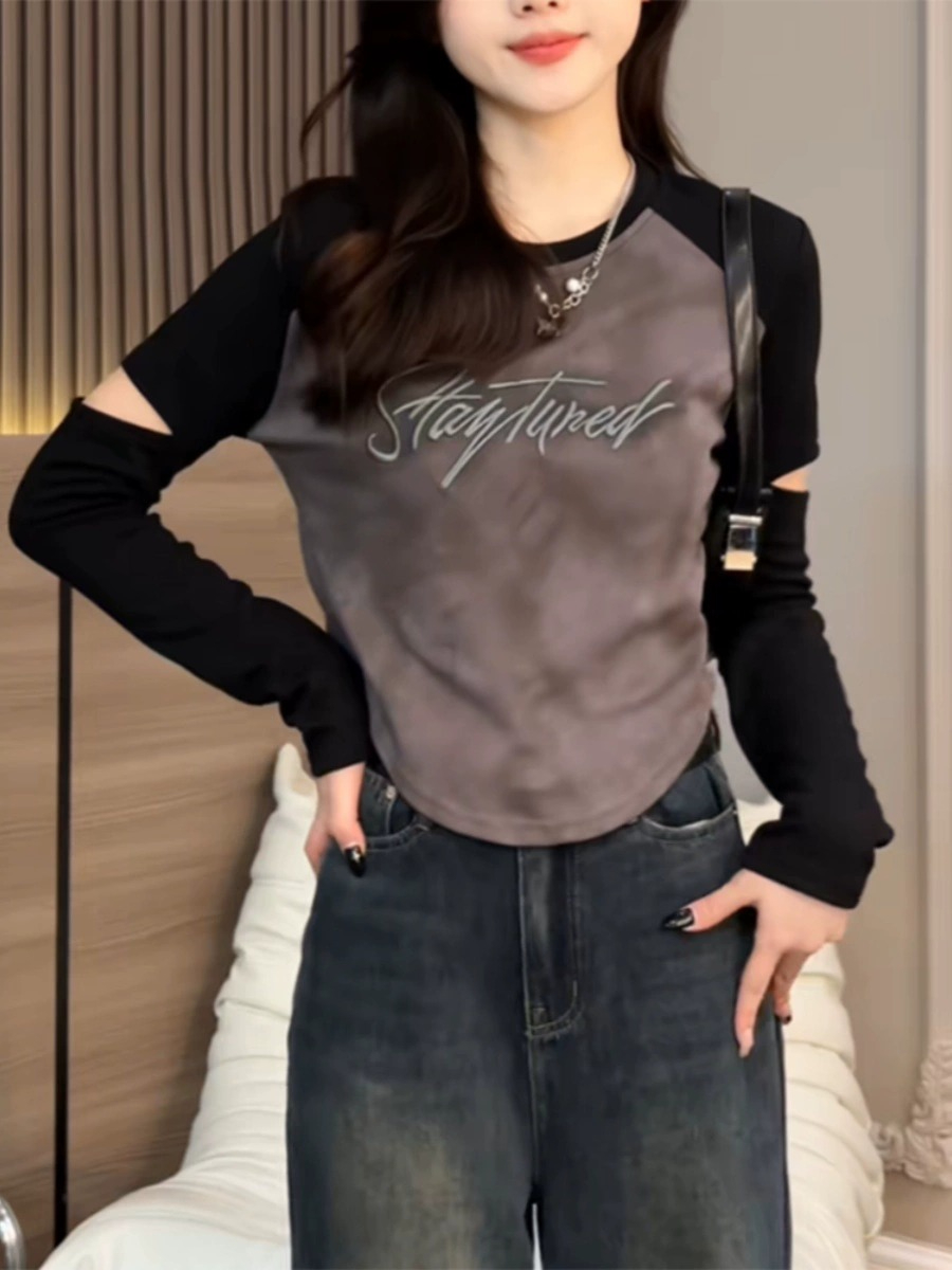 Fashion super hot autumn new contrasting color splicing long-sleeved T-shirt for women with torn sleeves design niche slim fit top