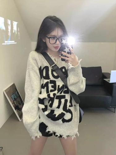 American style ripped sweater for women autumn and winter  new design letter loose mid-length long-sleeved knitted top trendy