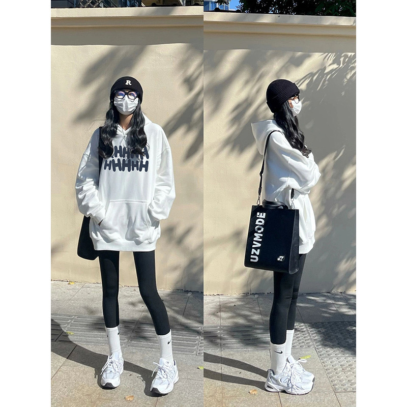 加絨連帽衛衣女裝2023秋冬季新款白色hiphop寬鬆慵懶風上衣