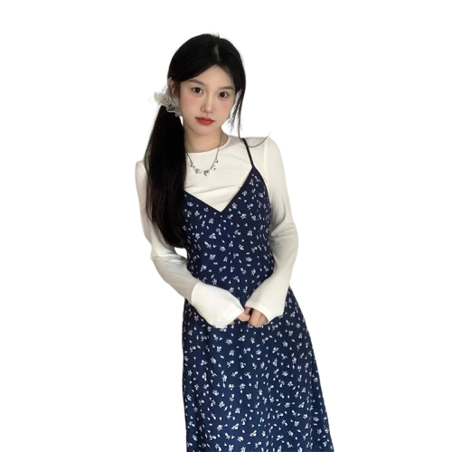 French floral suspender dress for women's autumn new style navy blue long-sleeved girly and beautiful slim skirt