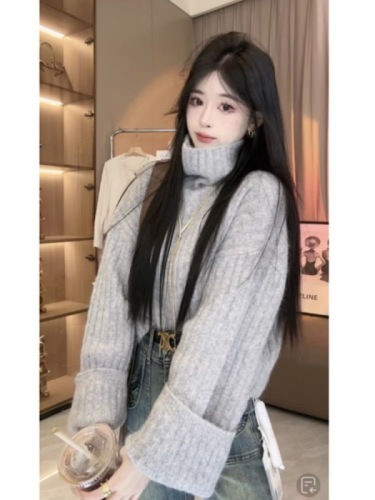 韩国chic百搭高领坑条毛衣显瘦长袖针织衫女