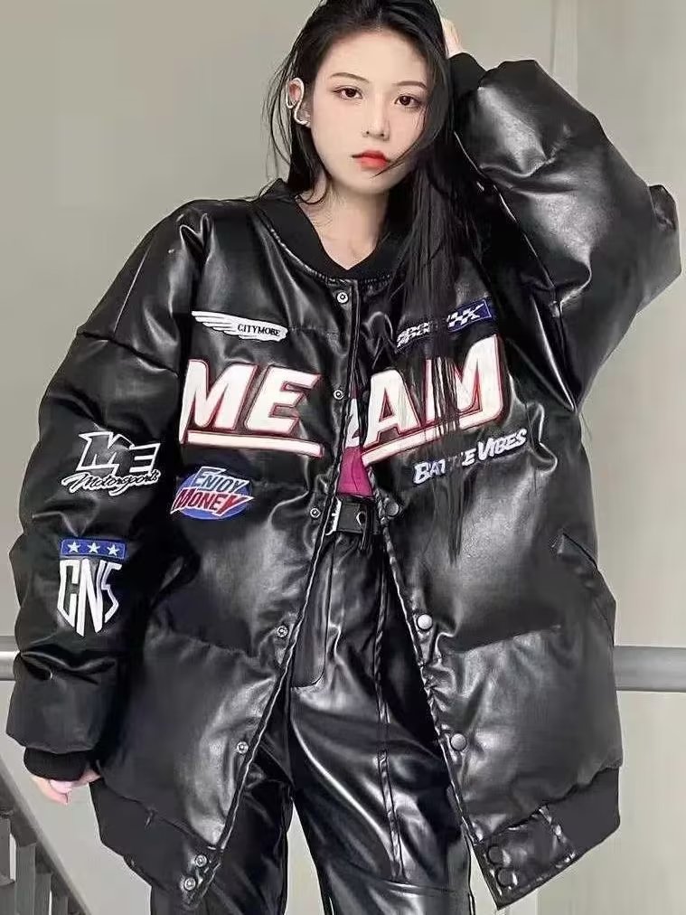 美式hiphop小眾皮棉服秋冬季男女ins潮牌寬鬆設計感加厚棉衣外套
