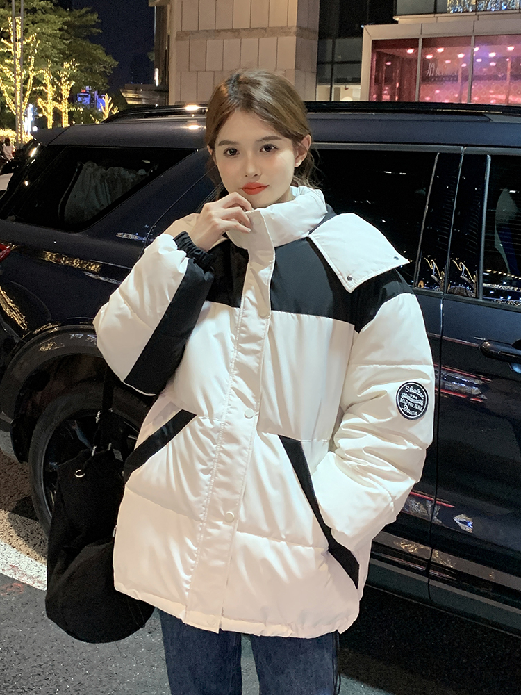 實拍 白水女黑白撞色羽絨棉服女冬季寬鬆加厚短款棉衣ins女裝外套