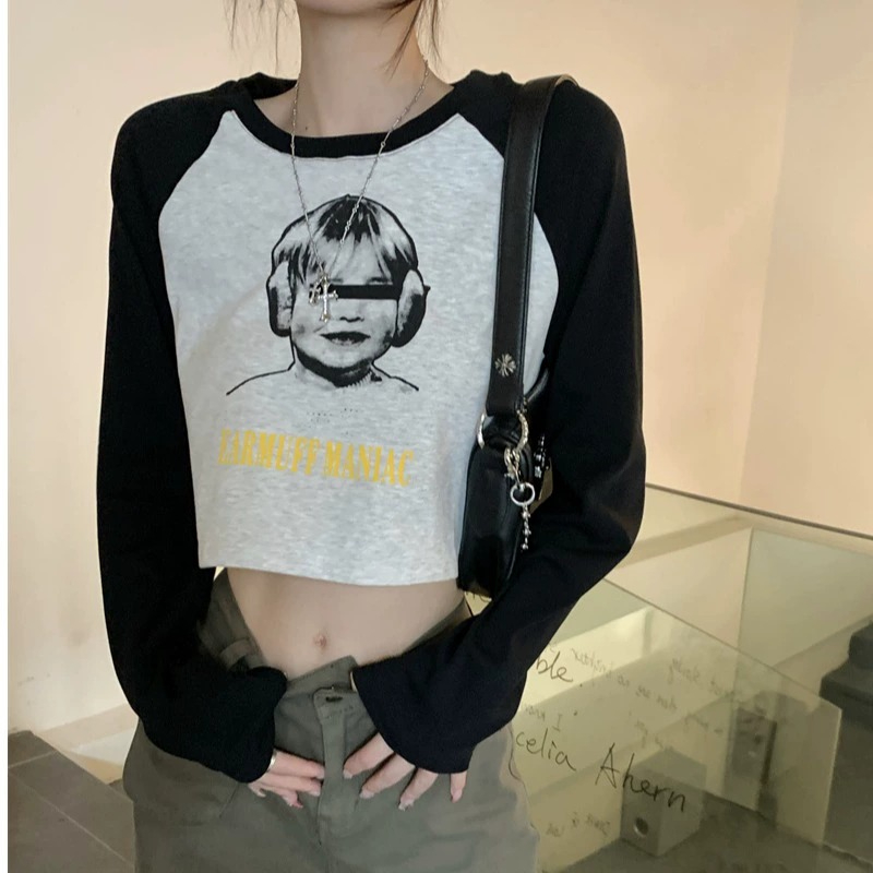 American retro contrasting color raglan sleeves, right shoulder, long-sleeved T-shirt for women in early autumn, loose, slim, high-waisted, navel-baring short top