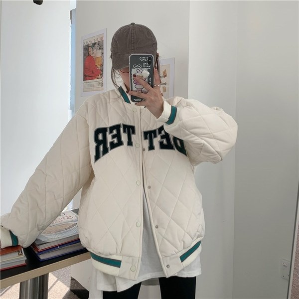 美式復古棒球外套女冬季菱格刺繡寬鬆學生棉衣棉服