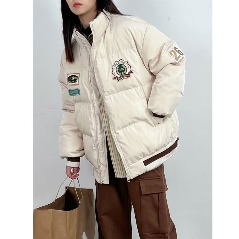 Korean American design badge embroidery stand collar thickened bread jacket for women winter new warm cotton coat trend
