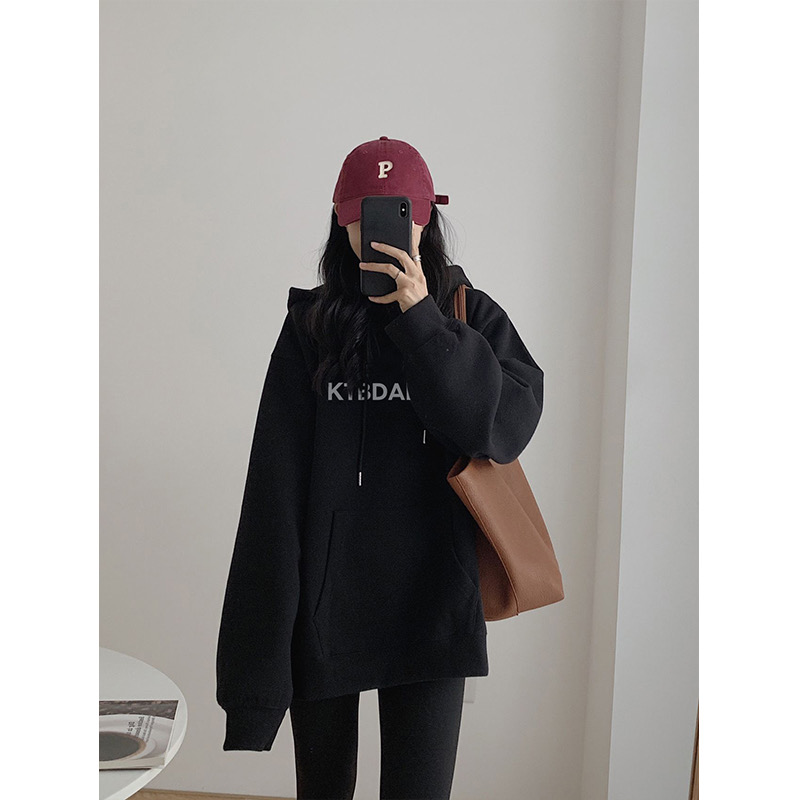 加絨連帽衛衣女裝2023秋冬季新款黑色hiphop寬鬆慵懶風上衣