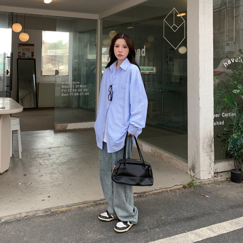 2023年基礎款秋季條紋長袖襯衫內搭外穿設計感小眾襯衣女鹽系休閒