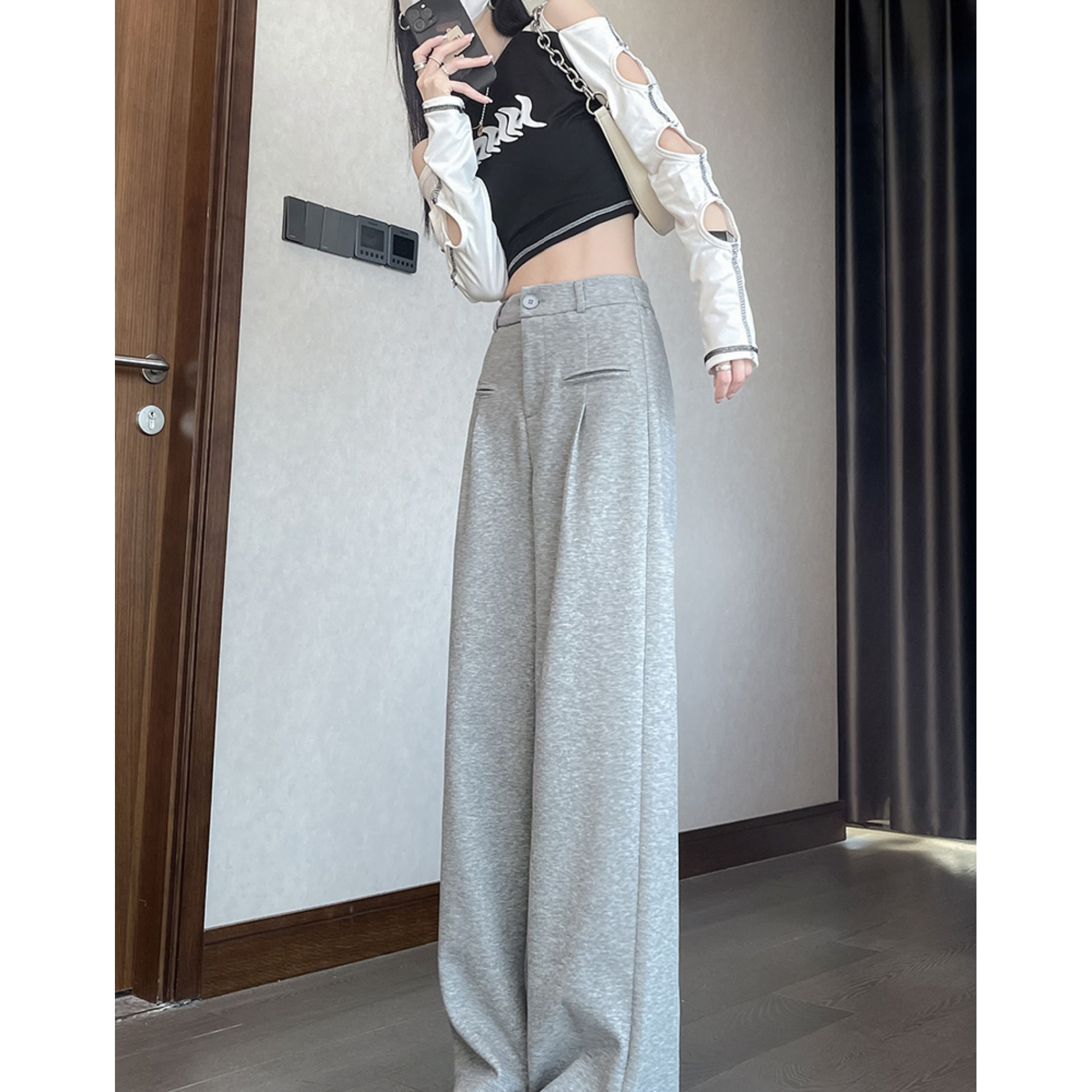 灰色闊腿褲女春秋2023年新款高腰垂感直筒寬鬆顯瘦運動休閒拖地褲