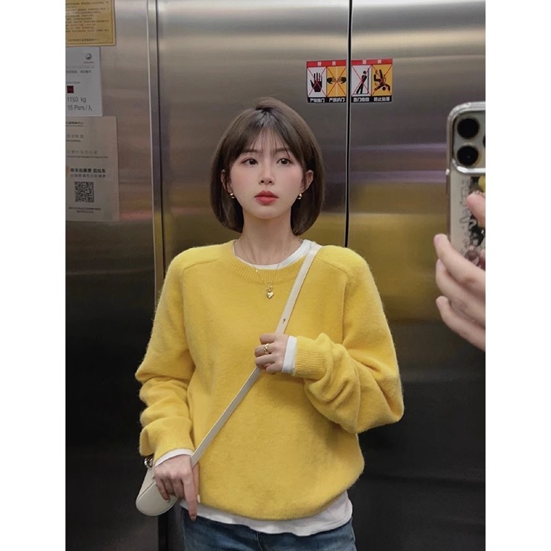 甜美顯白黃色圓領軟糯毛衣女套頭秋冬季2023新款簡約氣質長袖上衣
