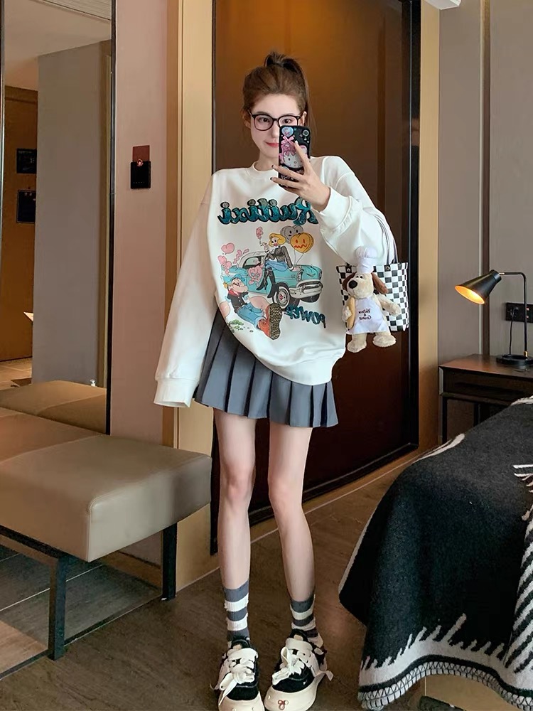 White pullover sweatshirt for women 2023 new autumn and winter cartoon print design loose casual long-sleeved top