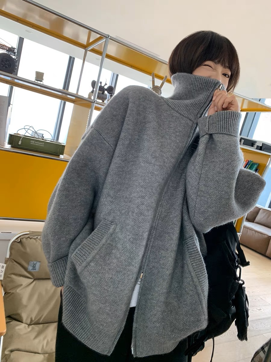 復古高領開衫毛衣女秋冬2023新款慵懶風寬鬆雙拉鏈針織衫外套