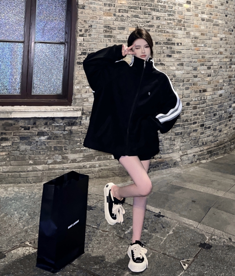 實拍 街頭寬鬆休閒黑色美式設計感顯瘦休閒外套