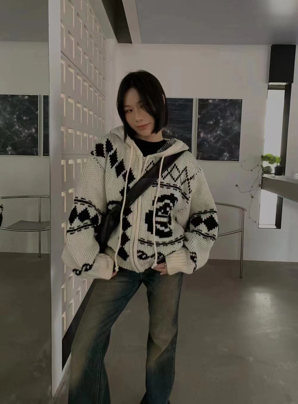 Retro hooded knitted cardigan women's autumn and winter new style small two-color graffiti trendy brand thickened jacquard sweater jacket