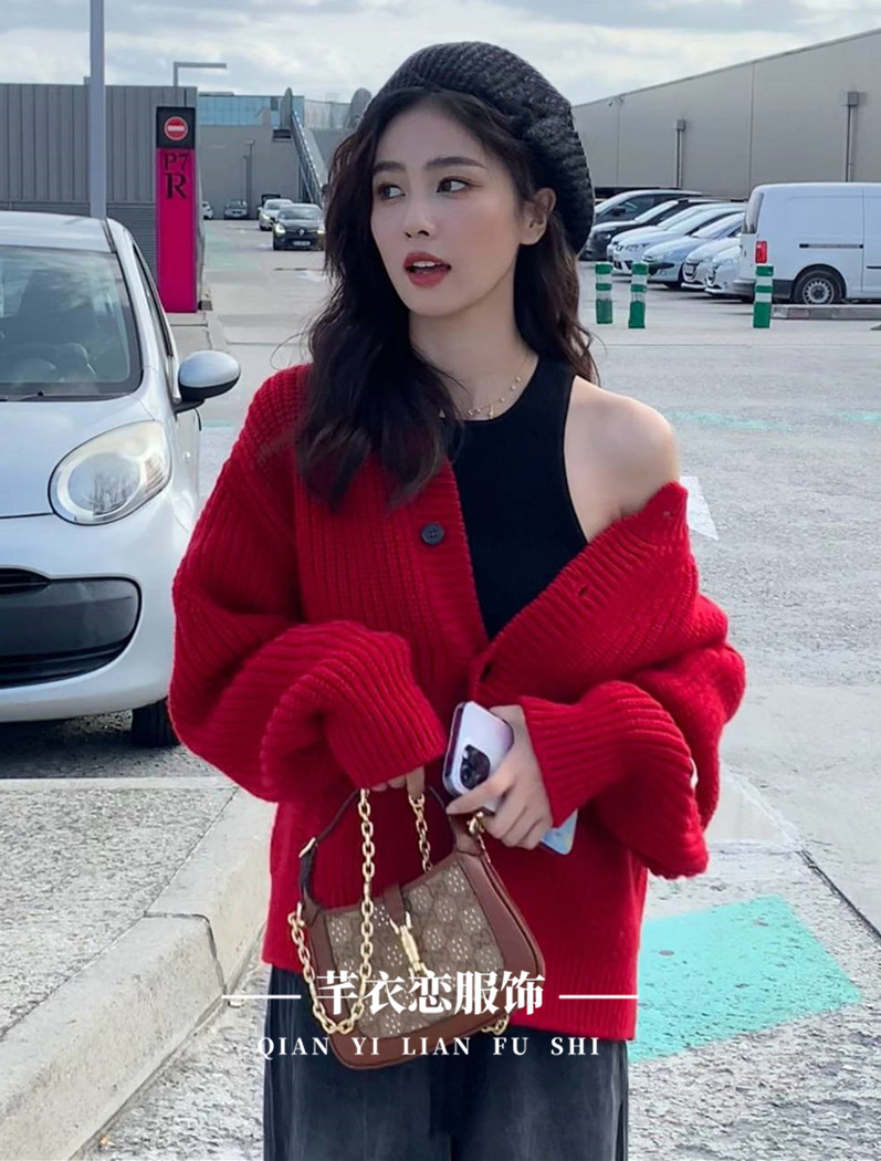 白鹿明星同款新年紅色針織開衫外套女本命年毛衣寬鬆顯瘦上衣服潮