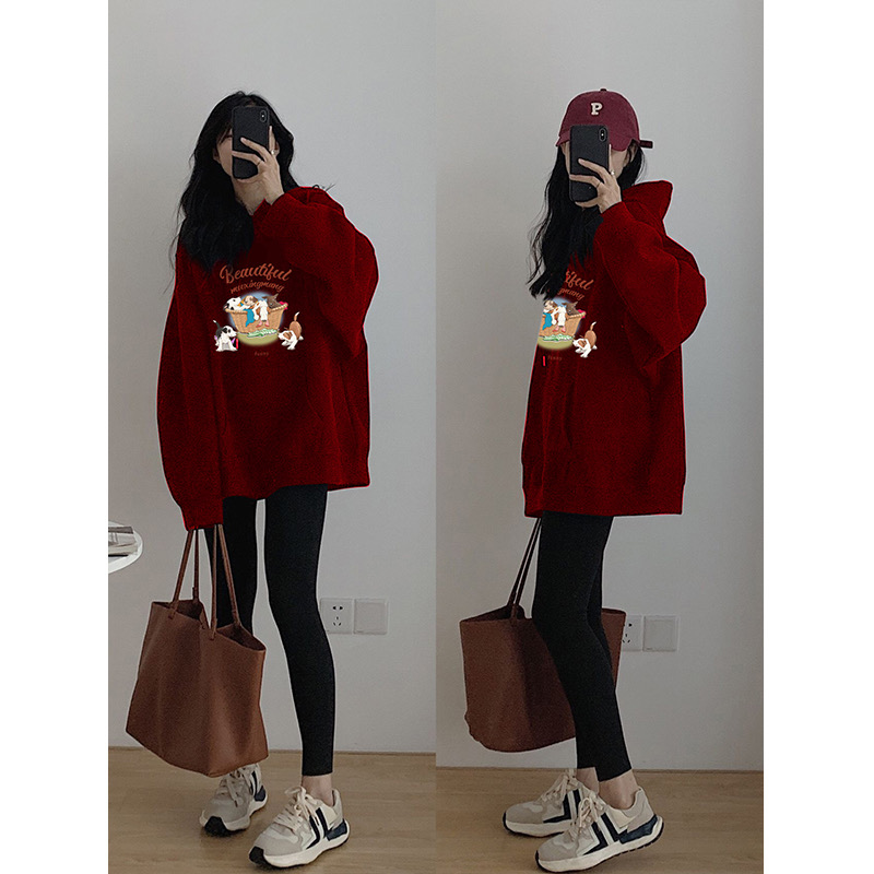 加絨連帽衛衣女裝2023秋冬季新款酒紅色hiphop寬鬆慵懶風上衣