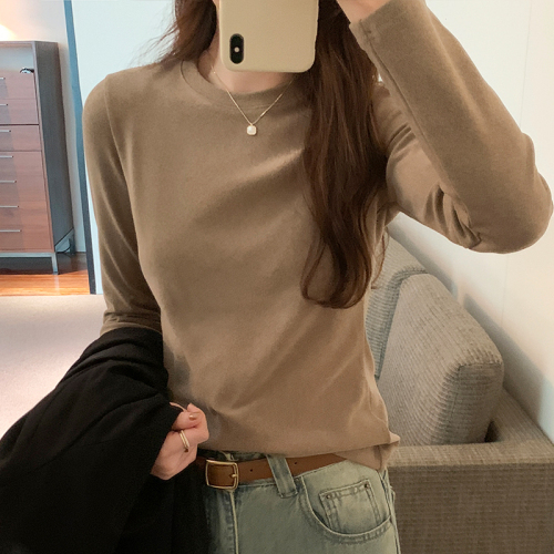 Actual shot of double-sided German velvet bottoming shirt for women in autumn and winter  new style inner round neck long-sleeved T-shirt brushed foreign style top
