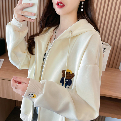 Real shot of Huamian pure cotton composite non-balling new Korean style loose patch embroidered hooded zipper sweatshirt for women