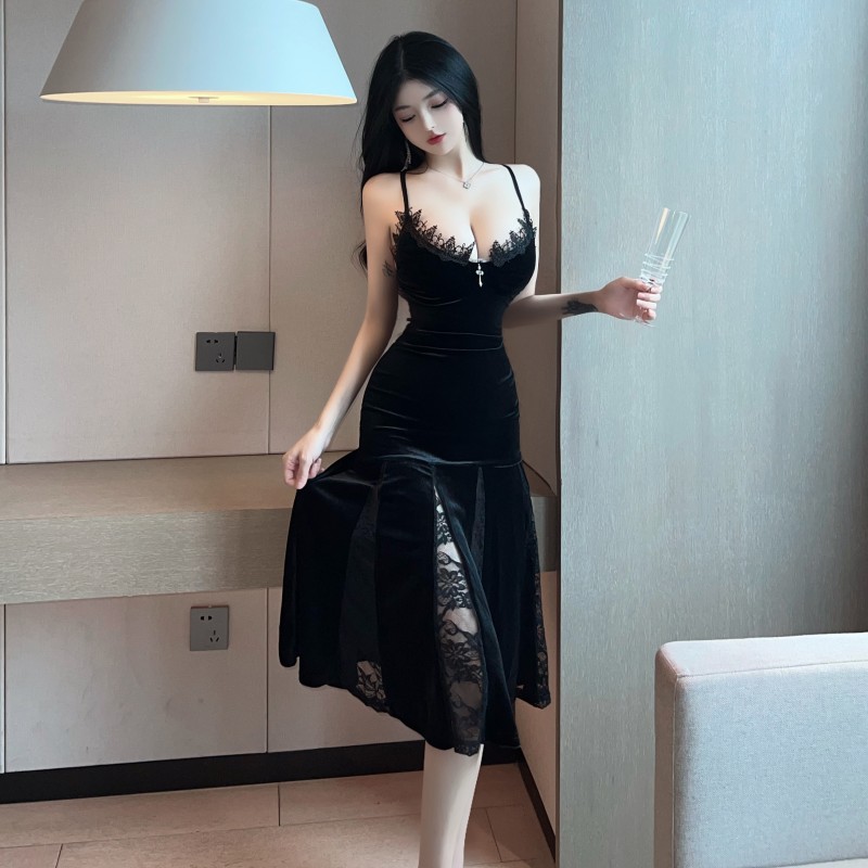 實拍~性感吊帶v領辣妹跨境暗黑蕾絲拼接修身包臀魚尾長裙連衣裙女