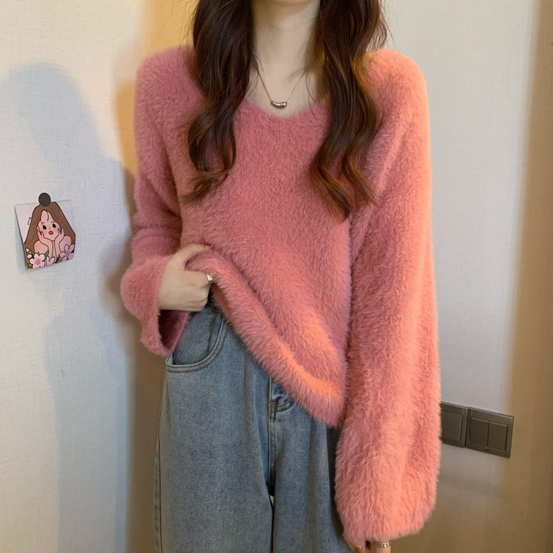 寬鬆仿水貂絨毛衣女秋冬洋氣保暖v領內搭長袖打底針織衫上衣