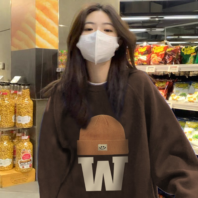 食毛華棉複合銀狐絨400克 後包領秋冬薄款·加絨圓領印花衛衣女