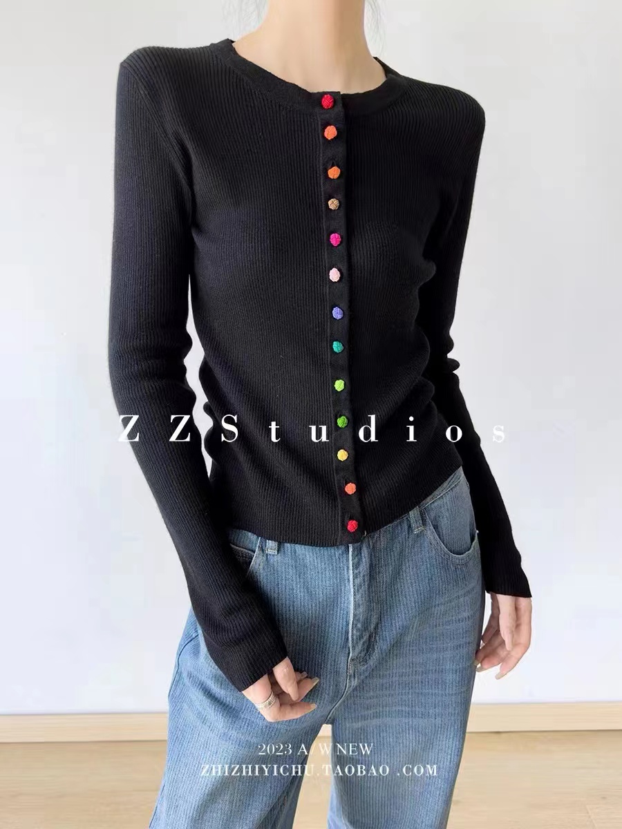 歐洲站2023早秋新款圓領彩色單排扣長袖修身羊毛針織衫外套女百搭