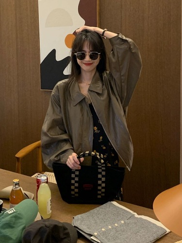 Korean retro brown high-end simple bomber jacket imitation leather versatile jacket trendy women 2023 autumn new style