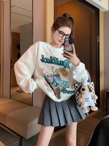 White pullover sweatshirt for women 2023 new autumn and winter cartoon print design loose casual long-sleeved top