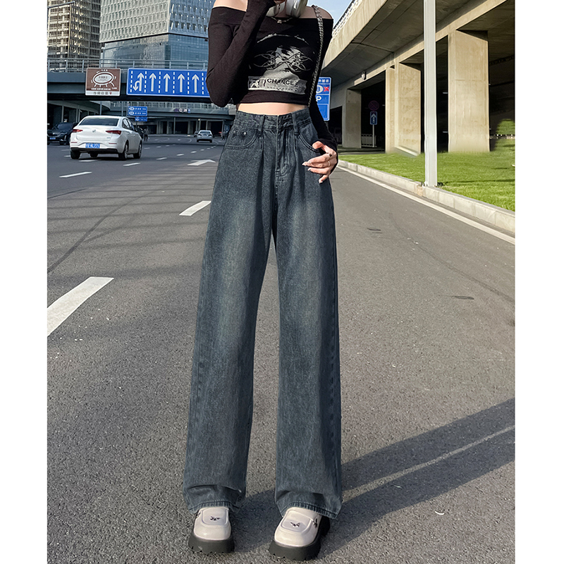 韓版高腰闊腿牛仔褲女秋冬2023新款顯瘦百搭垂感復古直筒拖地褲子