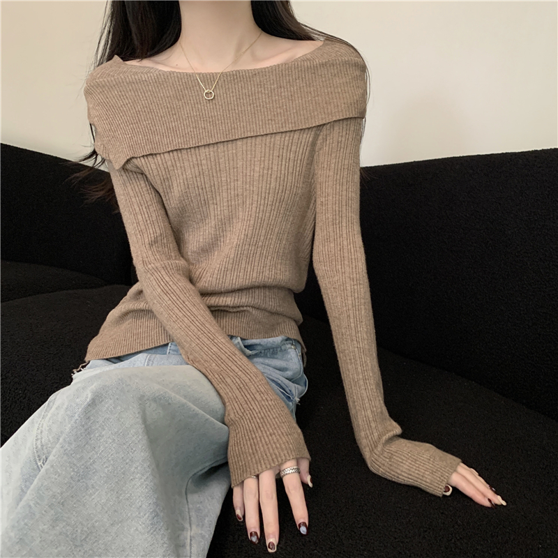 Real shot of new autumn and winter lazy one-shoulder sweater long-sleeved sweater top