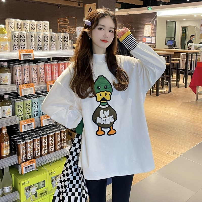 Cartoon T-shirt for women, autumn and winter design, loose outer wear, inner long-sleeved top