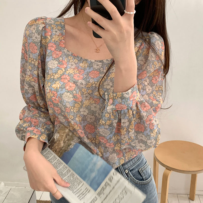 韓國chic元氣少女秋季甜美減齡碎花復古方領長袖襯衫寬鬆雪紡上衣