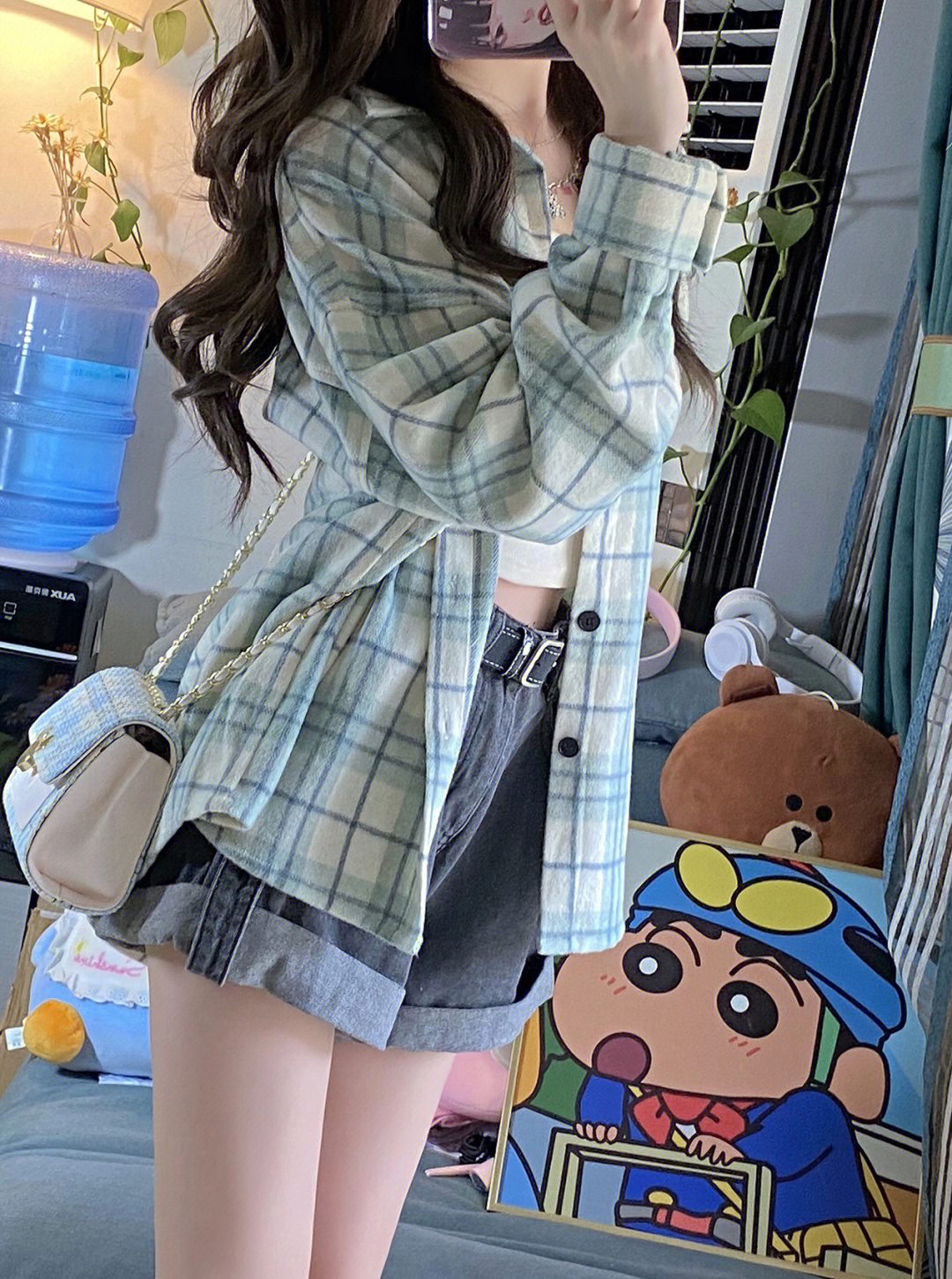 藍色格子休閒純棉長袖襯衫女小個子秋季學院風情侶外套潮原宿港風