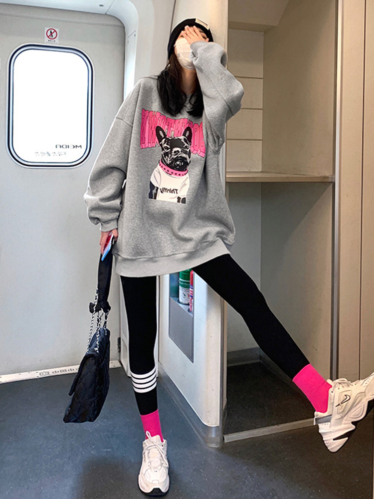 灰色衛衣女中長款2023春秋季新款加絨寬鬆設計感潮酷小狗印花上衣