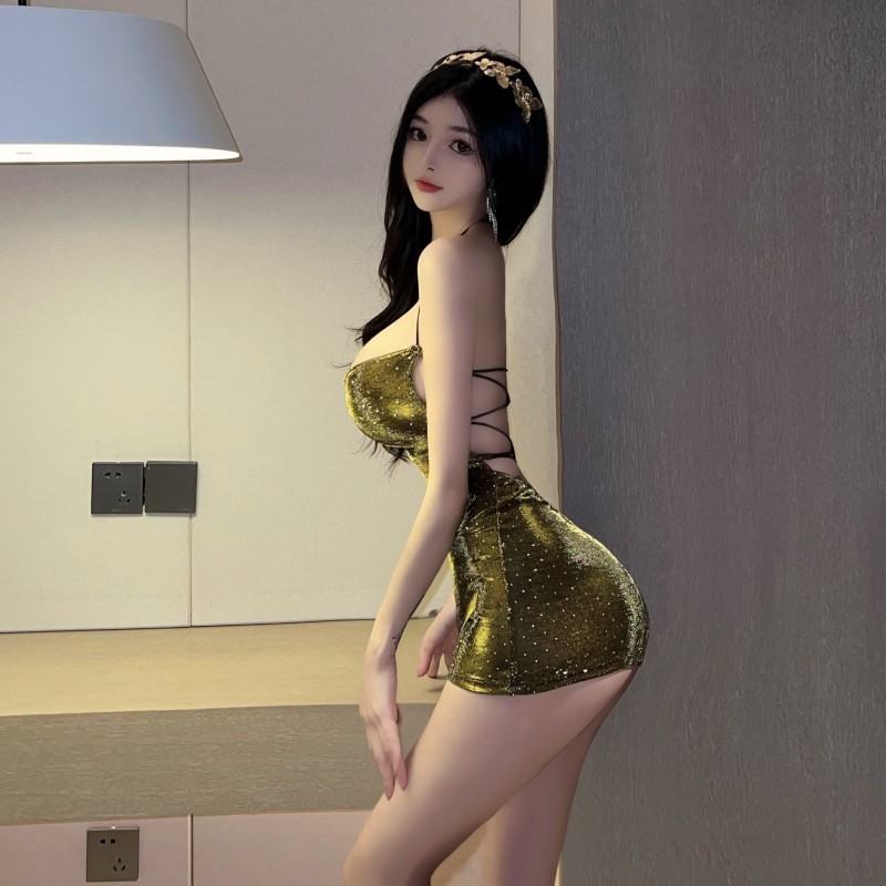 實拍~誘惑舞台露背吊帶金色酒吧超短緊身包臀辣妹性感連衣裙女