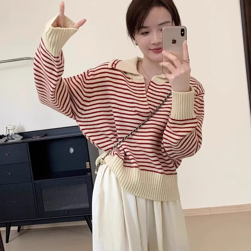 New cashmere sweater 2023 Korean style women's loose slim versatile striped top long-sleeved sweater