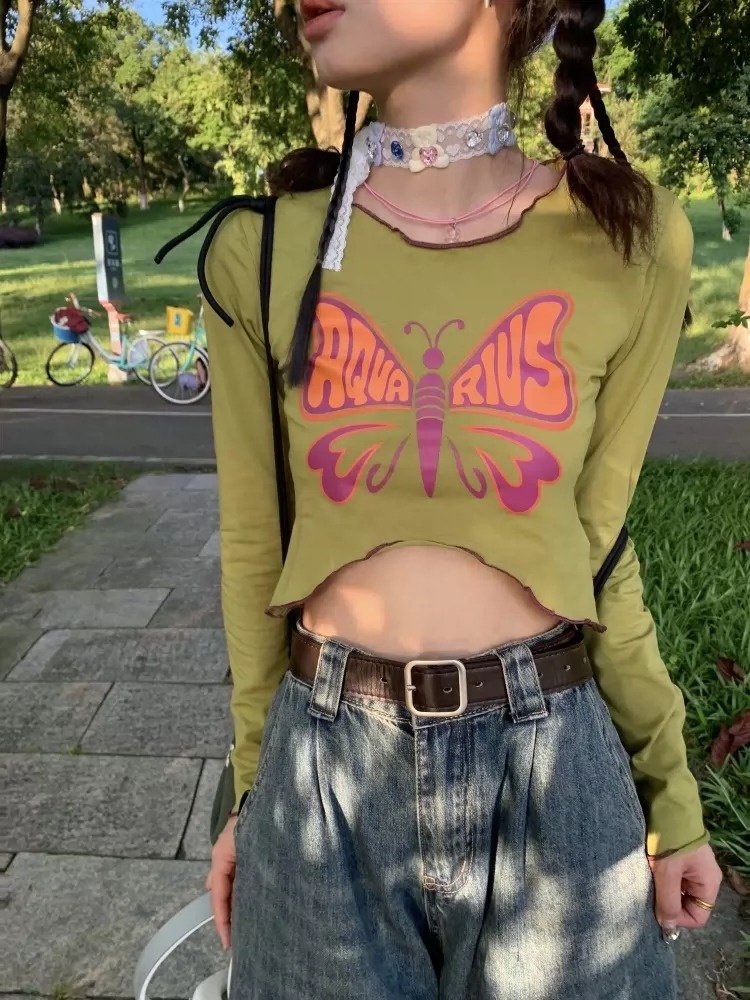 千禧甜酷abg辣妹小眾短袖T恤女2023春秋修身多巴胺上衣