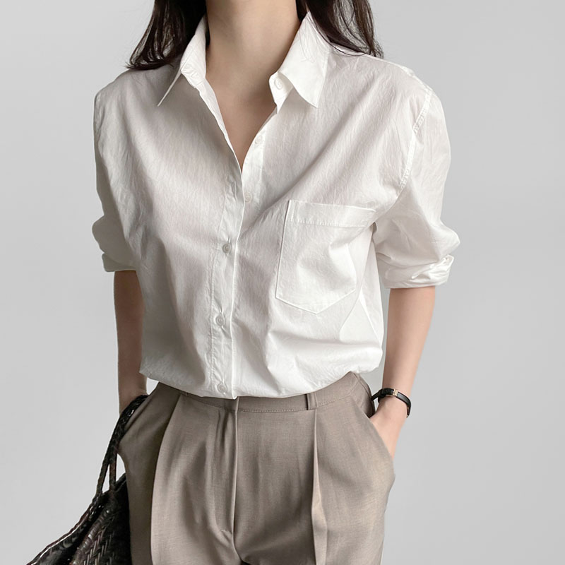 2023春季新款通勤襯衫上衣女港味長袖小眾外套高級感白色純棉襯衣