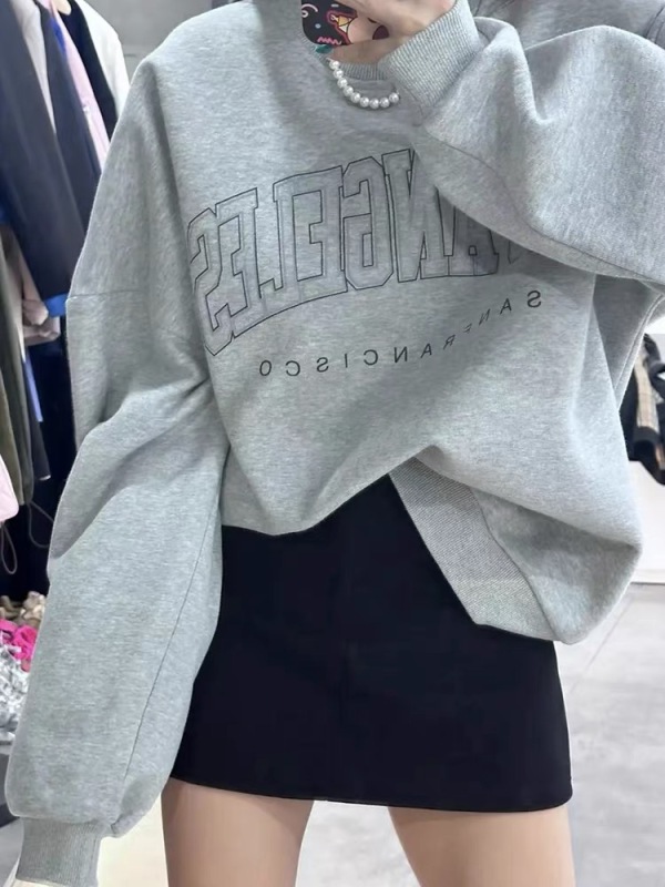 圓領衛衣女潮ins秋季2023年新款寬鬆慵懶風美式復古字母休閒上衣
